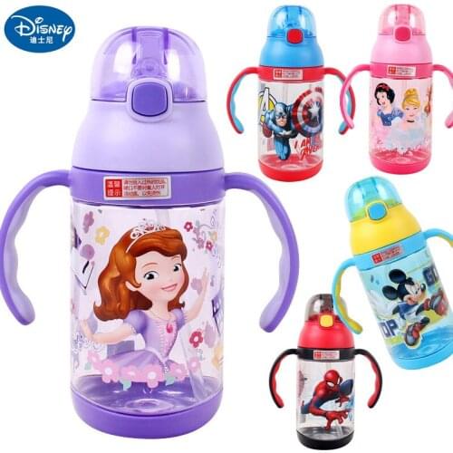 430mL Disney Cartoon Baby Cup Children Feeding Cups Straw Leak-proof Bottle with Handle and Strap Sippy Mug Water Milk Bottle