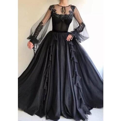 9665# Black Gothic Wedding Dresses With Long Sleeves Ball Gown Non White Black Bridal Gowns For Non Traditional Wedding wear
