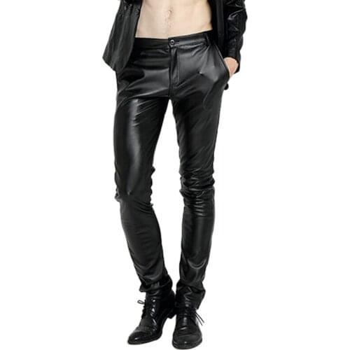 England Style Men PU Leather Pants Autumn Winter Skinny Trousers Mens Clothing Sexy Male Fleece Faux Leather Pants Plus Size