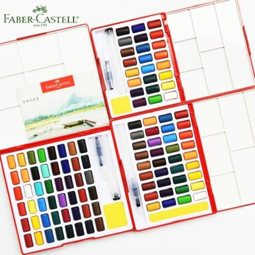 Faber Castell Solid Watercolor Paint set 24/36/48 Brilliant Colors Travel Kit and Water Brush Sponge Drawing Art School Supplier