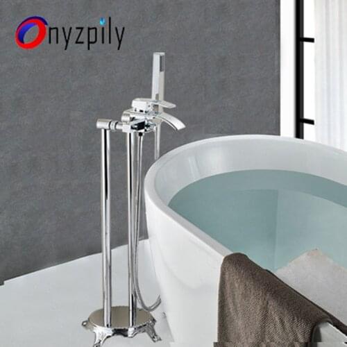 Onyzpily Chrome Waterfall Bath Shower Faucet Floor Mounted Bathtub Mixer Faucet with Handheld shower Freestanding Tub Sink Tap
