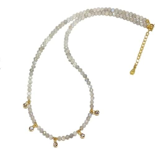 Lii Ji Real Stone Labradorite Choker Necklace 925 Sterling Silver Gold color Shining Zircon Charm Necklace 40+4cm Gift for Women