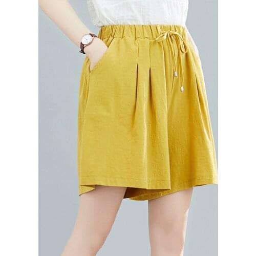 Summer Bermuda Shorts Female Plus Size Wide Leg Pants Candy Color Yellow Cotton Linen Loose Drawstring Shorts For Women