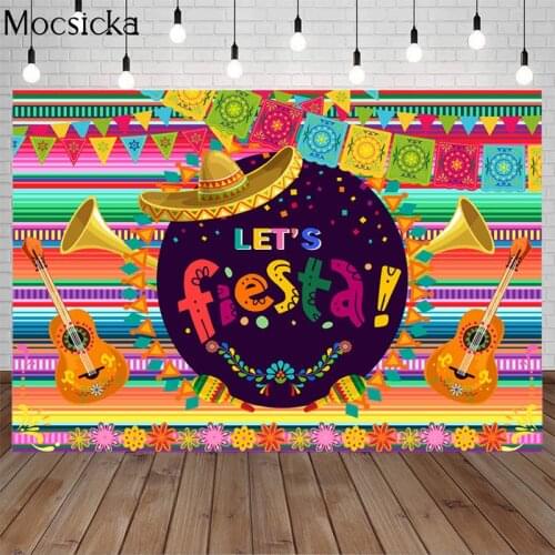 Mocsicka Mexican Fiesta Birthday Party Backdrops Decoration Floral Color stripes Banner Photography Background Photo Studio