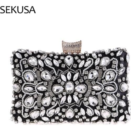 One Side Rhinestones Evening Bags Satin Metal Chain Shoulder Handbags Diamonds Embroidery Small Clutch