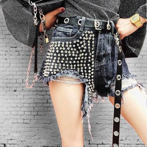 2018 Autumn and winter wear denim shorts female hole fringed waist wide leg rivet sexy