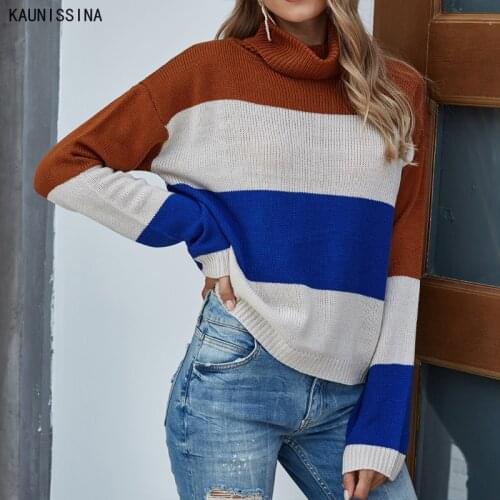 Plus Size Woman Sweaters Long Sleeve Turtle Neck Striped New Vintage Sweater Female Fashion Jumpers Knitted Pullover S-3XL Size