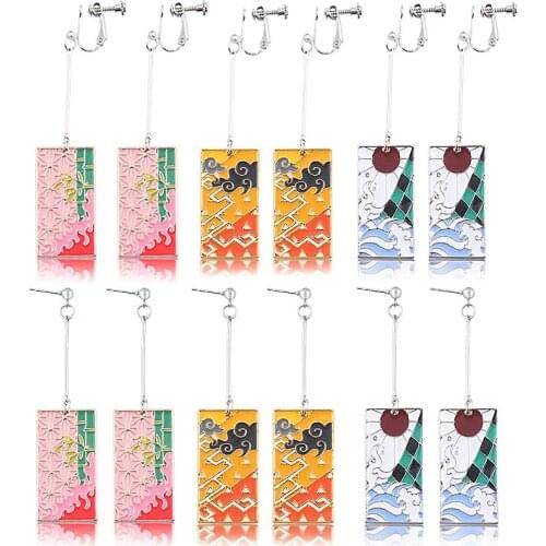 RJ Anime Demon Slayer Blade Earrings Kamado Tanjirou Agatsuma Zenitsu Nezuko Metal Plate Pendant Stud Earrings Women Jewelry