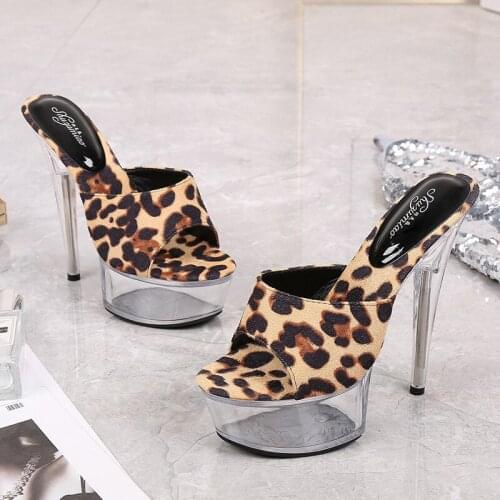 Sexy Nightclub High Heels Women Transparent Shoes Clear Sandals Leopard Print Waterproof Slippers High Heel Sandal
