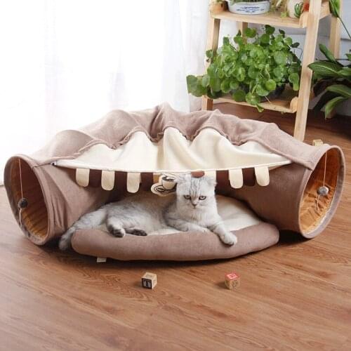Pet Tunnel with Mat High Quality Cat Puppy Rabbit Teaser Funny Hide Tunnel Toys Collapsible Cat Tunnel Long 126cm Coffee Green