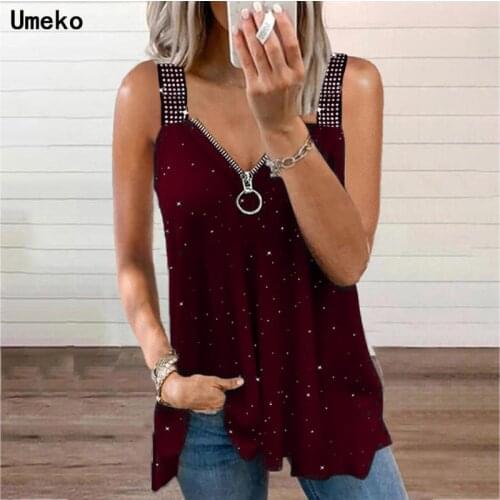 Umeko 2021 Womens Summer Fashion Plus Size 5XL Chain Sling Diamond Sleeveless Zip Front Top Casual T-shirt Decoration Loose