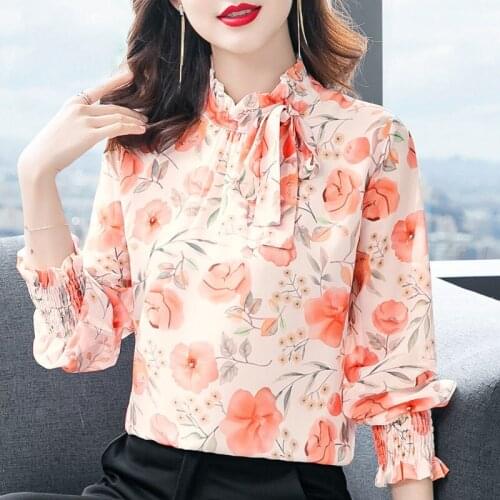 2021 Autumn New Floral Chiffon Shirts Women Long Sleeve Stand-Up Collar Tops High-End Temperament Blouses Ropa De Mujer MM1093