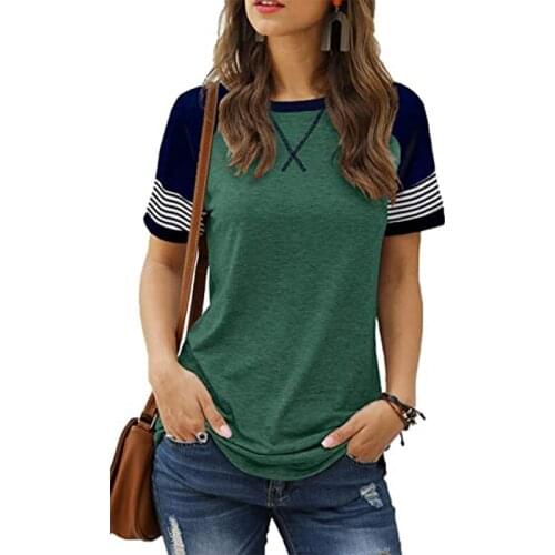 Women Casual Solid Color T Shirt Stitching Short Sleeve Tees Patchwork Stripes Sleeve Pullover Summer New Loose O Neck Basic