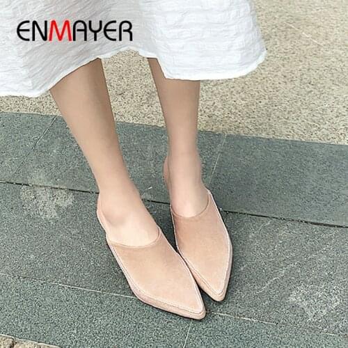 ENMAYER Flock Pointed Toe Party Luxury Shoes Women Designers Slip-On Mules Square Wedding Shoes 2020 Sexy Women High Heels