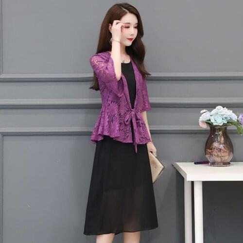 2021 Summer New Solid Thin Hollow Lace Shawl Coat Short Cardigan Large Size 5XL Sun Protection Clothing Lace-up Shirt Top Y155