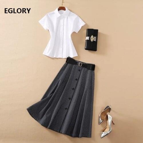 High Quality Skirt Suits 2021 Spring Summer 2 Piece Set Women Turn-down Collar Short Sleeve White Shirts+Striped Skirt Set Suit
