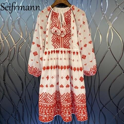 Seifrmann New 2021 Summer Women Fashion Runway Party Midi Dress Bow Lantern Sleeve Embroidery Patchwork Elegant Ladies Dresses