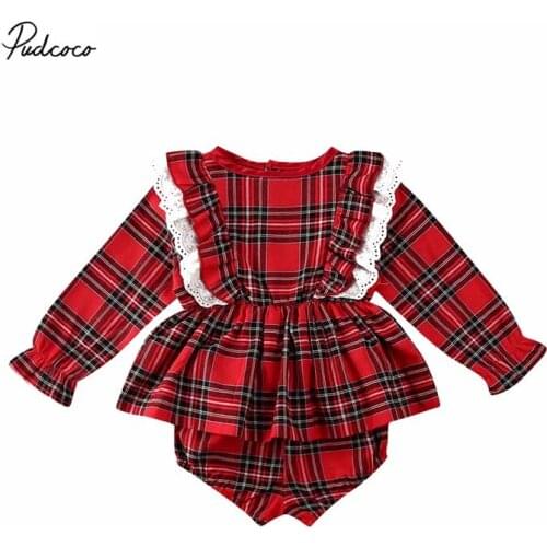 2020 Christmas Newborn Baby Girl Plaid Clothes Ruffle Lace Tutu Dress Outfit Long Sleeve Baby Dress PP Shorts Pants 2PCS Set