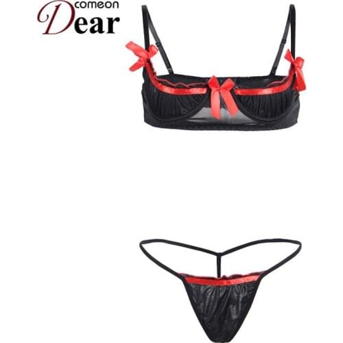 Comeondear Women Underwear Lace Open Bra Bow Half Cup Sexy Lingerie Black White Gather Bra Set Female Exotic Apparel RA80125