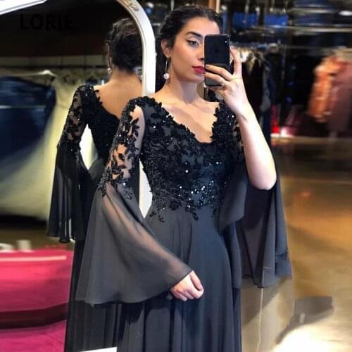 Elegant Black Evening Dresses 2021 Flare Long Sleeve V-Neck Lace Appliques Sequins Backless Floor Length A-Line Party Prom Gown