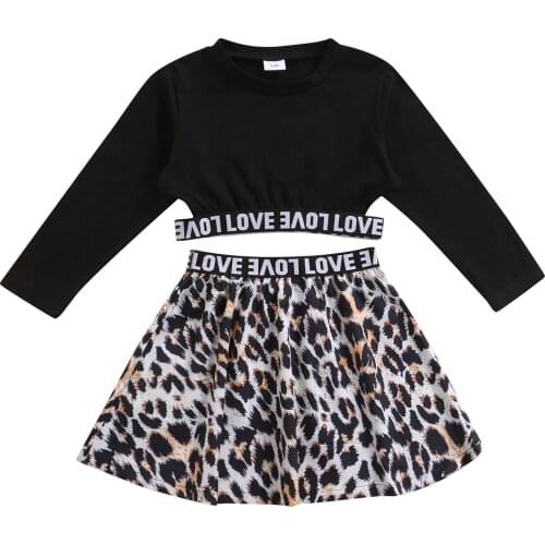 FOCUSNORM 1-6Y Fashion Kids Girls 2PCS Clothes Sets Long Sleeve Pullover Letter T Shirts+Leopard A-Line Skirts