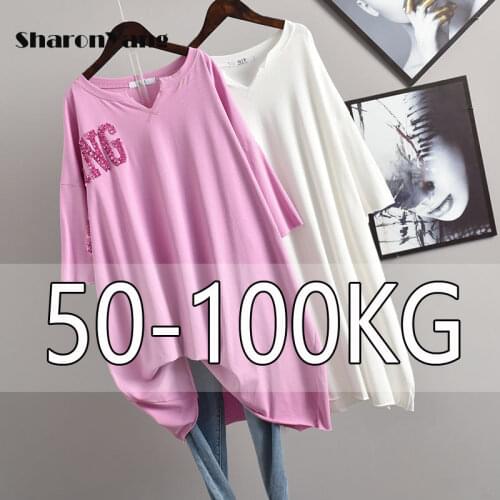 Summer New Korean Women Plus Size Loose Slim Half-sleeved Long T-shirt V-neck Solid Color Casual Cotton Women Tops White Black
