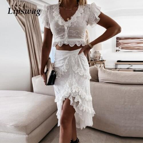 Fashion Embroidery Lace White Sets Sexy V Neck Button Tops And Irregular Skirts Suits Women Elegant Ruffle Beach Two Piece Sets