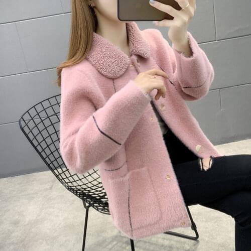 Korean Knit Sweater Jacket Women Loose Knitting Outerwear Autumn Winter Plus Size Imitation Mink Fur Coat Thick Clothes Female