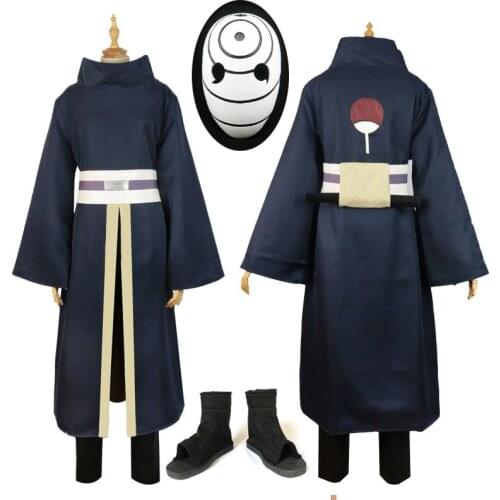 High Quality Anime Costume Full Set NARUTO Akatsuki Ninja Tobi Obito Madara Uchiha Obito Cosplay Costume Wig With Helmet Shoes