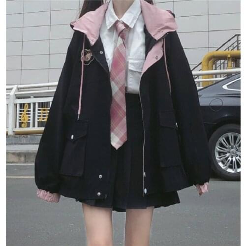 Winter Japanese casual punk streetwear jacket loose Vintage pockets long-sleeved hooded big size fashion Harajuku women jacket