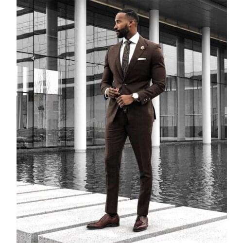 Fashionable One Button Brown Groom Tuxedos Groomsmen Peak Lapel Mens Suits Blazers (Jacket+Pants+Tie) W:966