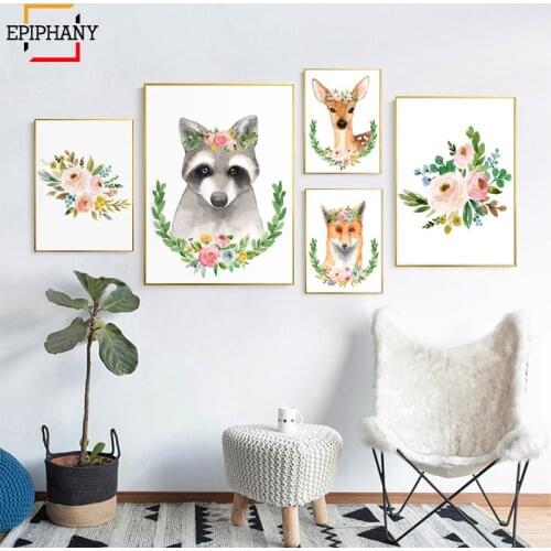 Baby Girl Nursery wall art Woodland Animals Fox Deer Rabbit Prints Boho Floral Canvas Painting Pictures for Kids Bedroom Decor