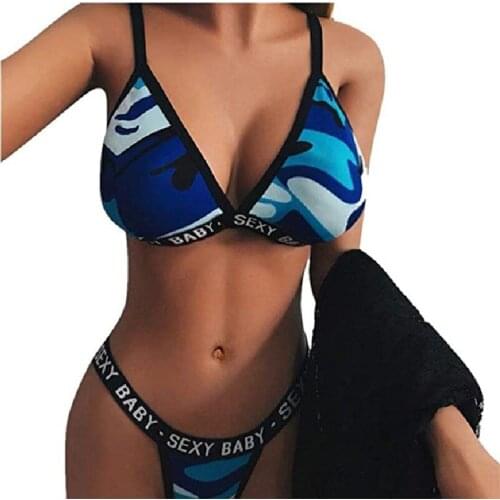 New European And American Sexy Lingerie Camouflage Deep V Bikini 2PCS Bra&Pants Swimsuit S-XL