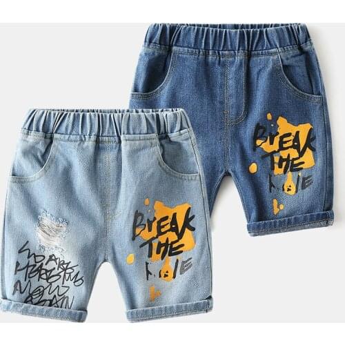 2-6 Years Summer New Fashion Baby Boy Short Pants Kids Boys Letter Blue Denim Shorts Outwear Pockets Holes Jeans