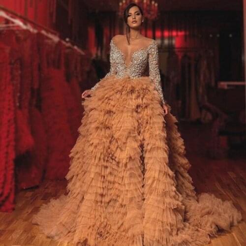 Sparkly Long Sleeves Evening Dresses with Tiered Tutu Skirts Sexy Sheer Neck Prom Dress Beads Sequins Formal Wear Party Gowns