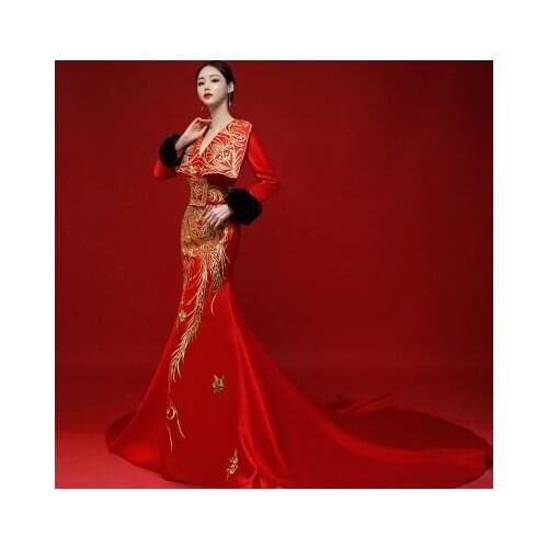 Luxury red with golden embroidery mermaid dress cosplay stage performance carnival studio party show red carpet dress