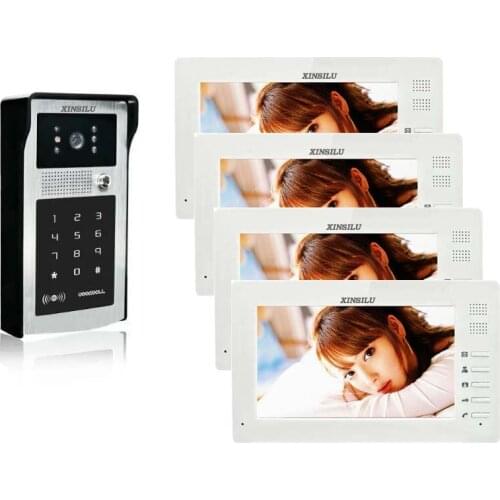 XINSILU wholesale Wired 7" Video Door Phone Intercom System 1 RFID Keypad Code Number Doorbell Camera 4 Monitor in stock 1v4