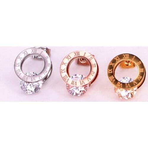 Roman Numerals Round Clip Sparkling Zircon Stud Earrings Stainless Steel Crystal Woman Jewelry Party Gift
