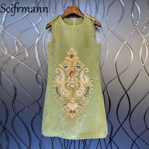 Seifrmann New 2021 Autumn Women Fashion Runway Party Mini Dress Sleeveless Gorgeous Crystal Beading Elegant Slim A-Line Dresses