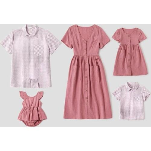 Family Matching Outfits Summer Mothers Girl Boy Baby Parent Child Wear Short Sleeve Lattice Shirt Dress Parents Kid Home Clothes