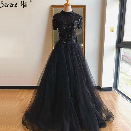Serene Hill Black LuxuryA-Line Evening Dresses Gowns 2021 Short Sleeves Tulle Beading For Women Party LA70584