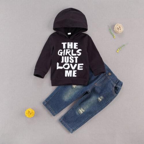 Baby Boy Hooded Sweater + Jeans Letter Print Elastic Waist Hole Design Spring Clothing