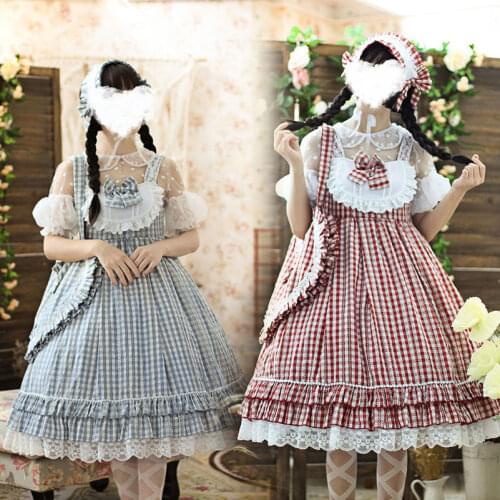 Japanese sweet lolita dress vintage lace bowknot lattice high waist princess tea party victorian dress kawaii girl jsk loli cos
