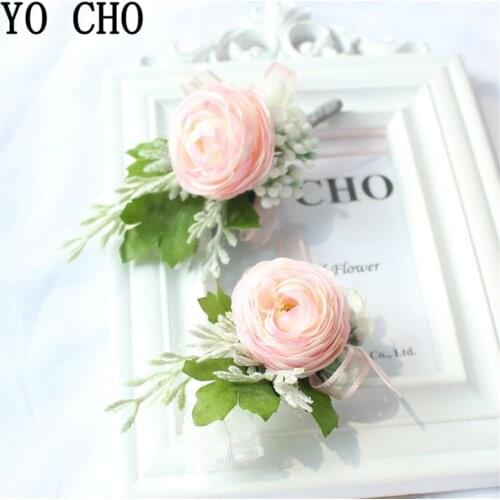 YO CHO Silk Flower Corsage Bracelet for Bridesmaid Artificial Flower Wedding Corsage and Boutonniere Wedding Corsage Accessories