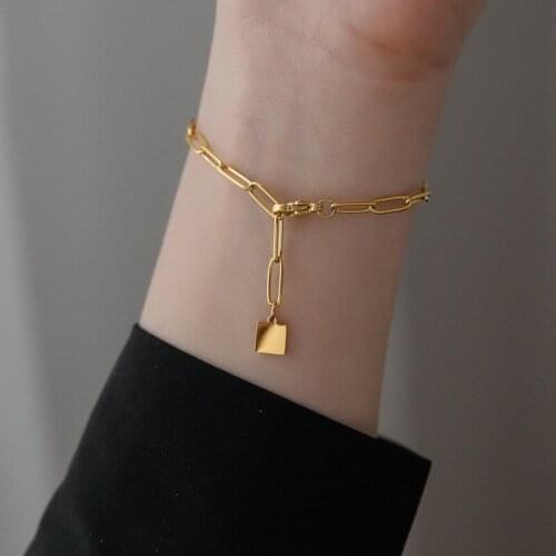 Jewelry 18K Gold Plating Stainless Steel Paper clip Chain Bracelets With Geometric Square Pendant Bracelet For Women Girl Gift