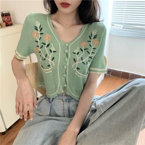 Women Embroidery Shirts V-Neck Knitted Casual Summer Blouse Thin Short Sleeve Cardigans Flowers Crop Tops
