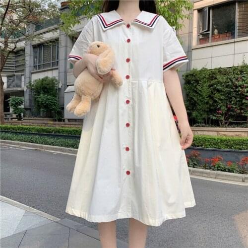 Summer Kawaii Loose Casual Dress Women 2021 New College Style Navy Collar Short Sleeve Shirt Dresses Sweet Soft Girl Midi Dress