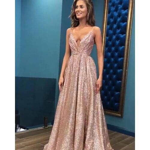 V Neck Simple Spaghetti Straps Evening Dresses 2021 Sleeveless Formal Party Gow Sparkle Prom Dress Sexy Sequin robe de soirée