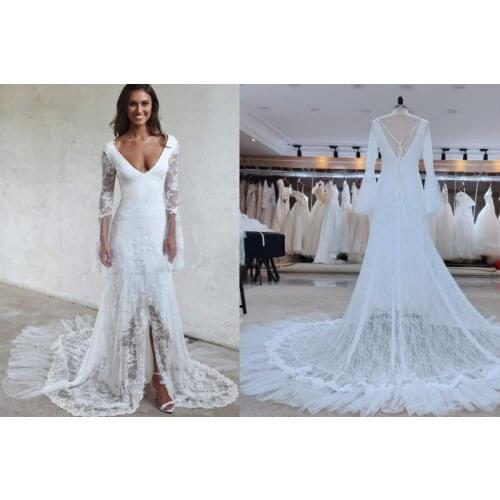 #739 Sexy Lady Long Sleeve Beaded Lace V-Neck Backless Sheath Ivory Bohemian Wedding Dress