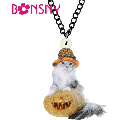 Bonsny Acrylic Halloween Pumpkin Head Cat Kitten Necklace Animal Pets Choker Chain Pendant Jewelry For Women Teens Charms Gifts